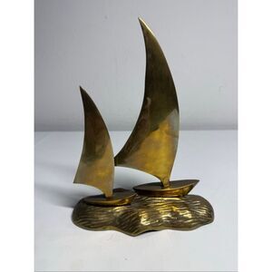 Rare Vintage Brass Sailboats Sculpture on an Ocean Decor Base